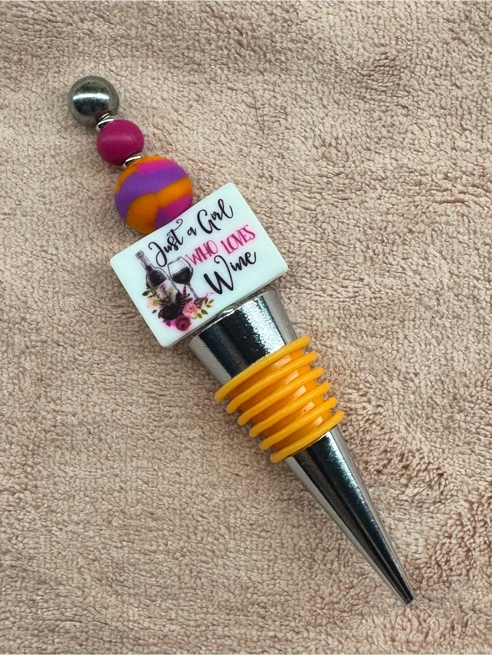 Decorative Orange & Purple 'Just a Girl Who Loves Wine' Bottle Stopper